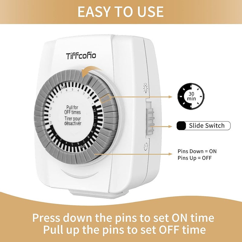 Tiffcofio Indoor Mechanical Timers for Electrical Outlets, 2 Prong Plug in Outlet Daily Repeating Light Timer for Indoor Lights, ETL Listed (2 Pack) - Image 2